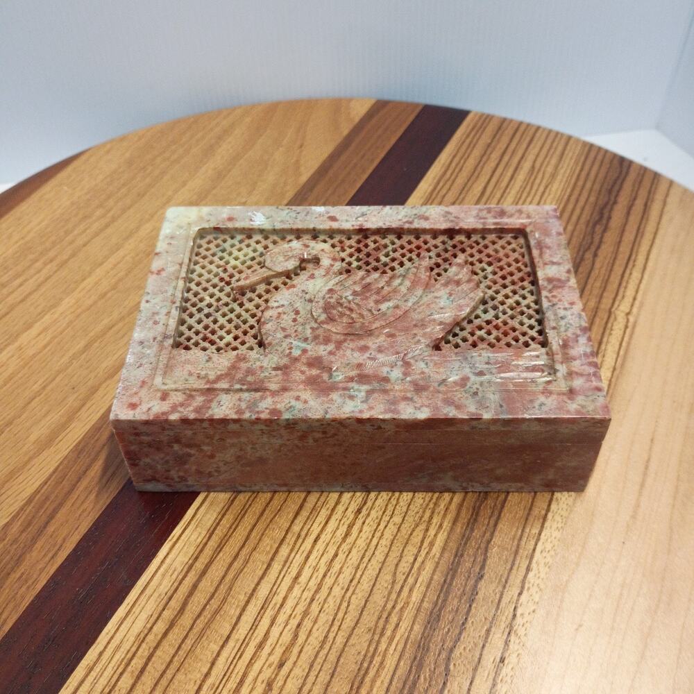 Vintage Swan Carved Soapstone Trinket Jewelry Box India Hinged MCM 6x4 Rectangle